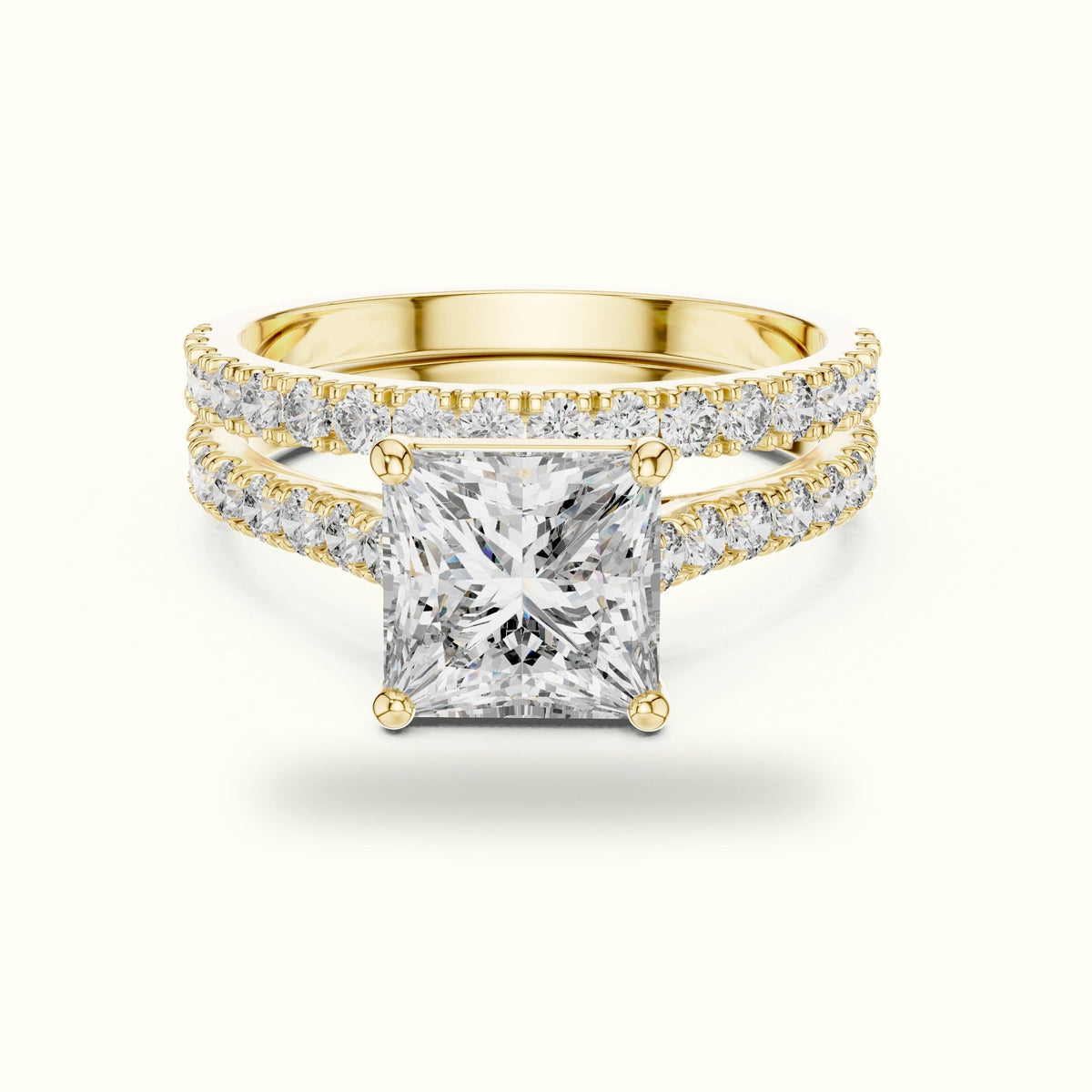 Four-Prong Princess Solitaire Lab-Grown Diamond Ring with Band — Yellow gold, front view | Crystal N Cuts