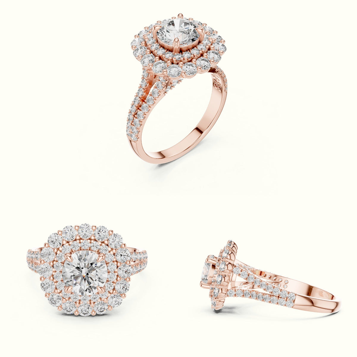 Round Double Halo Lab-Grown Diamond Ring — Rose gold, on the hand | Crystal N Cuts