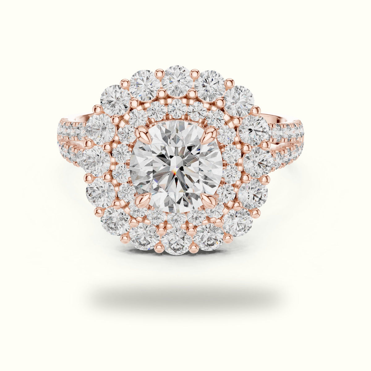 Round Double Halo Lab-Grown Diamond Ring — Rose gold, front view | Crystal N Cuts