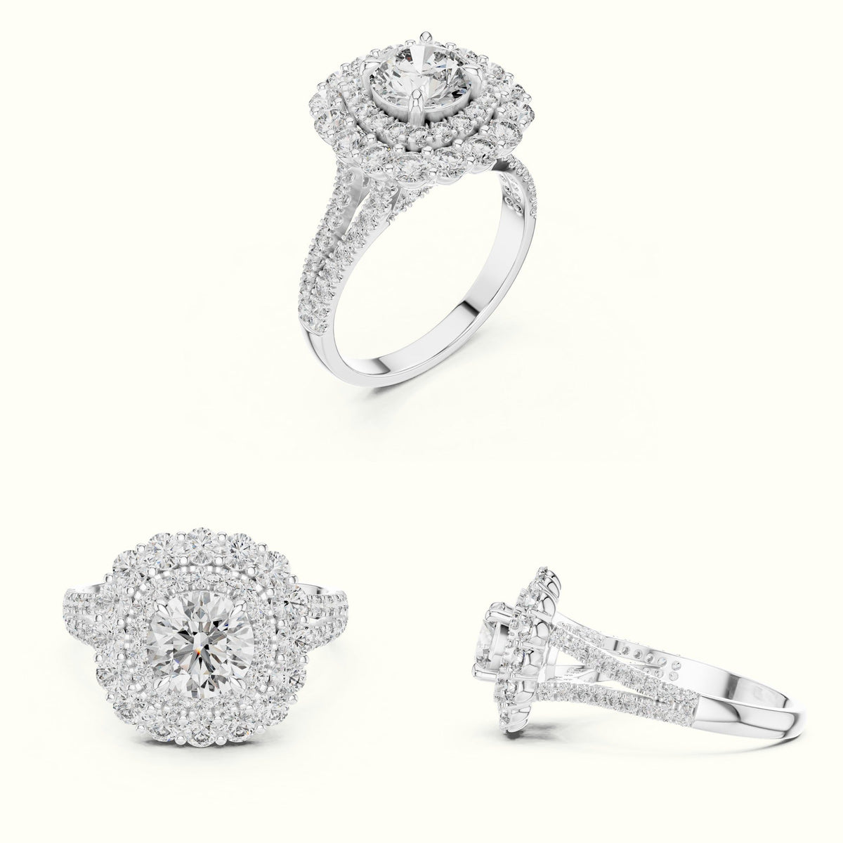 Round Double Halo Lab-Grown Diamond Ring — White gold, on the hand | Crystal N Cuts