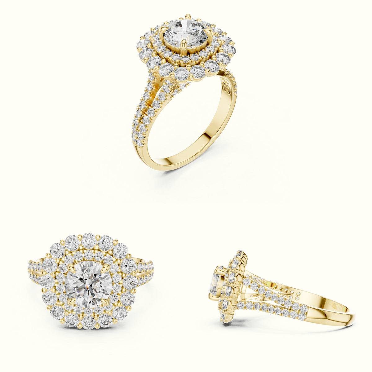 Round Double Halo Lab-Grown Diamond Ring — Yellow gold, on the hand | Crystal N Cuts