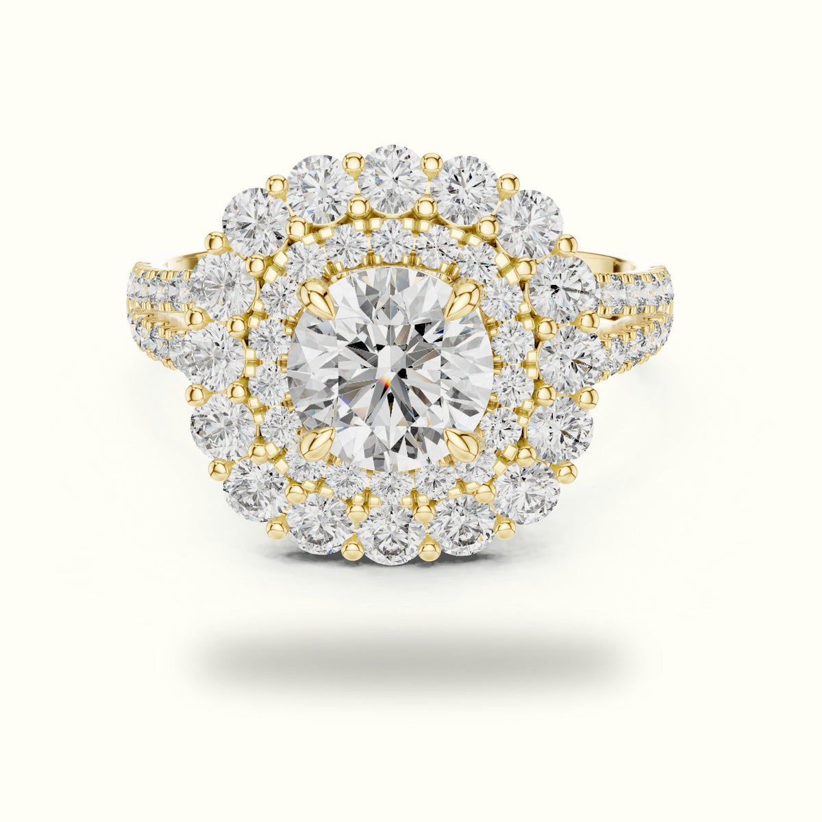 Round Double Halo Lab-Grown Diamond Ring — Yellow gold, front view | Crystal N Cuts