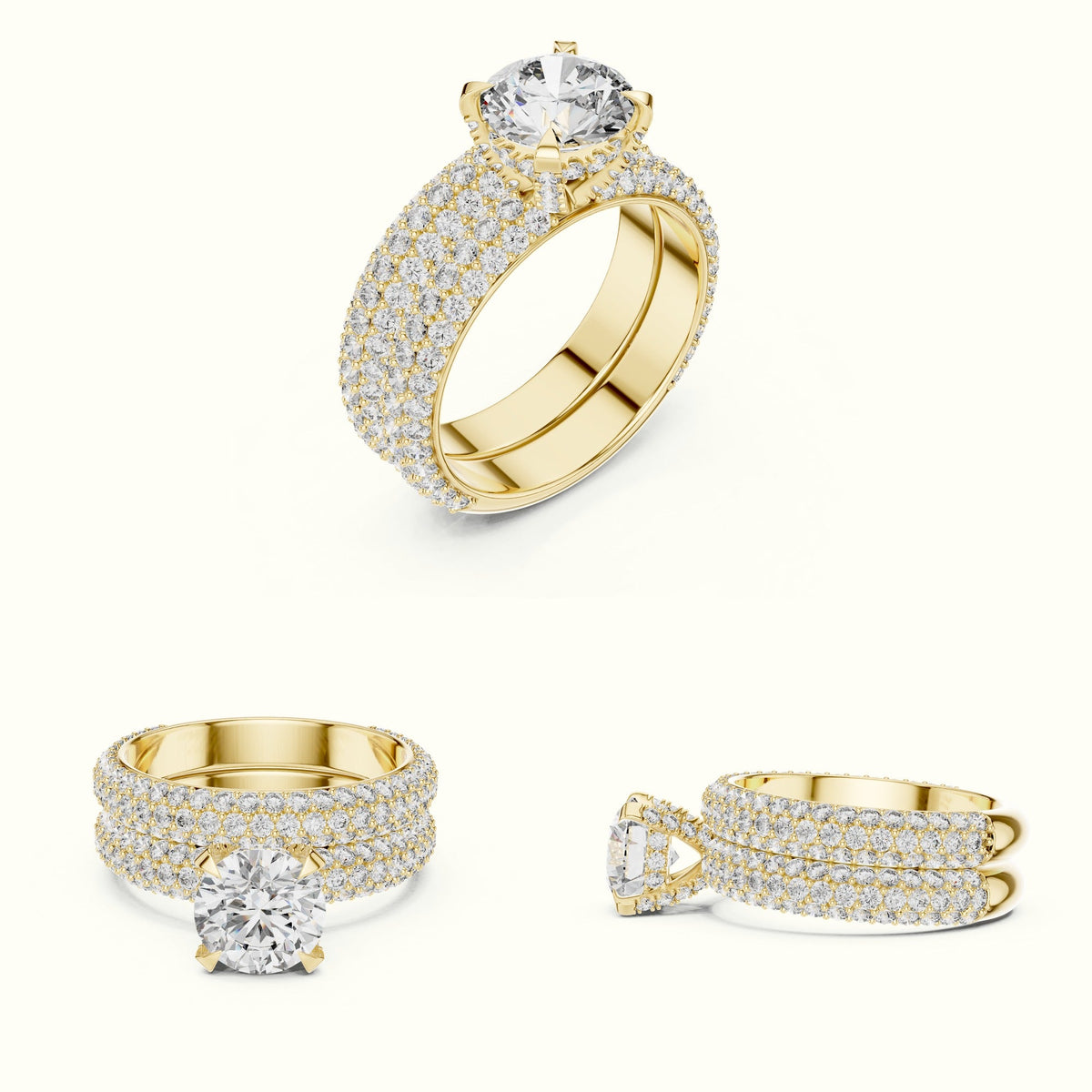 Four-Prong Round Solitaire Lab-Grown Diamond Ring with Band — Yellow gold, on the hand | Crystal N Cuts