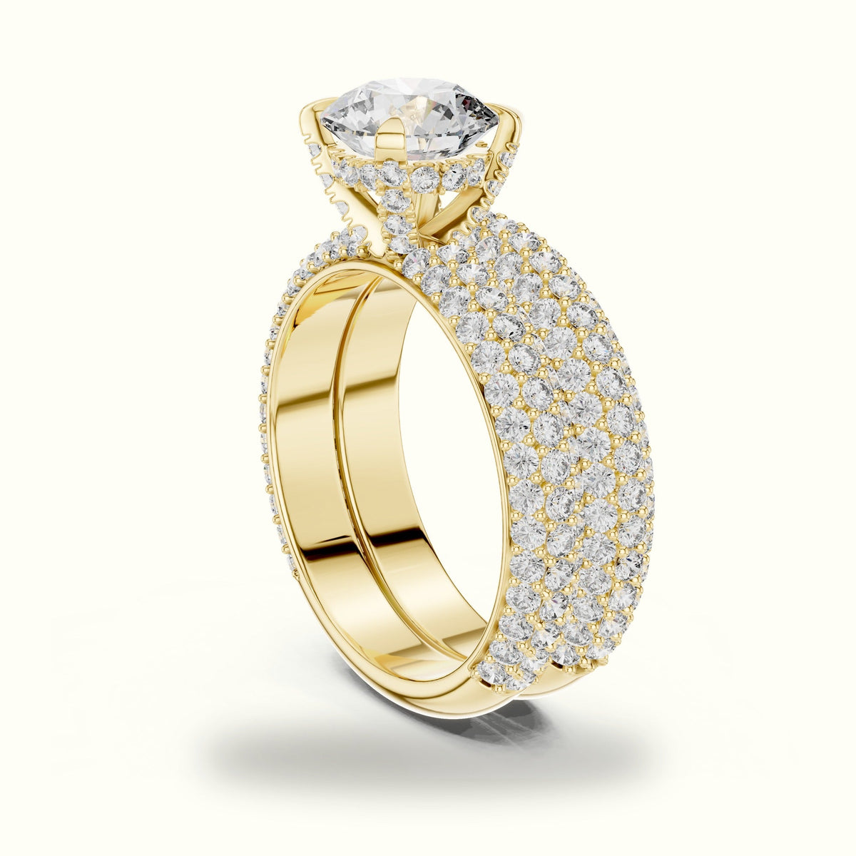 Four-Prong Round Solitaire Lab-Grown Diamond Ring with Band — Yellow gold, view 1 | Crystal N Cuts