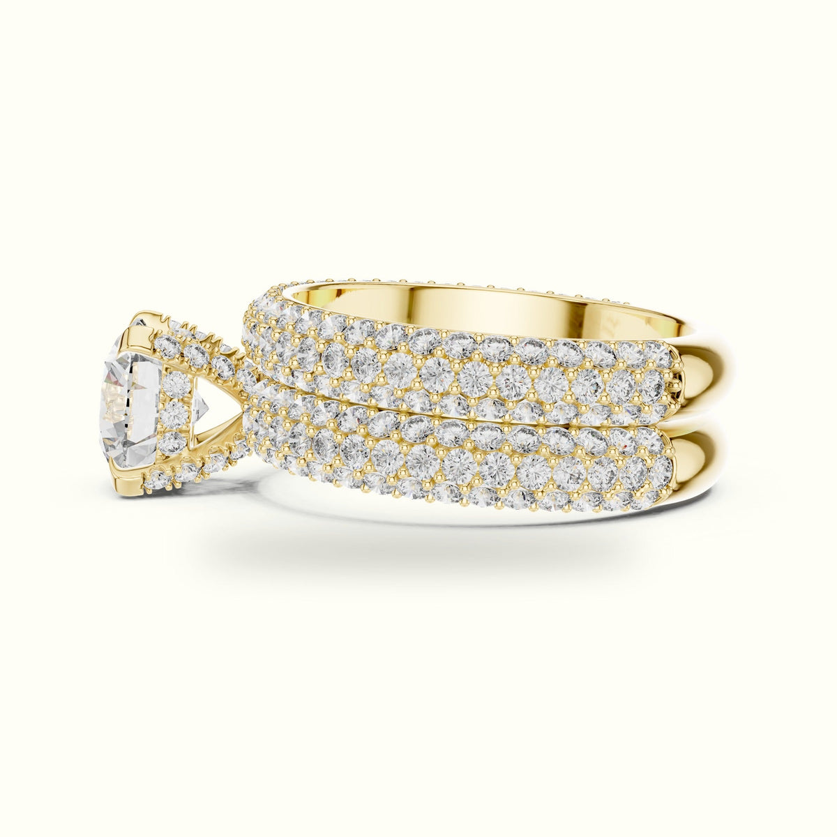Four-Prong Round Solitaire Lab-Grown Diamond Ring with Band — Yellow gold, view 3 | Crystal N Cuts