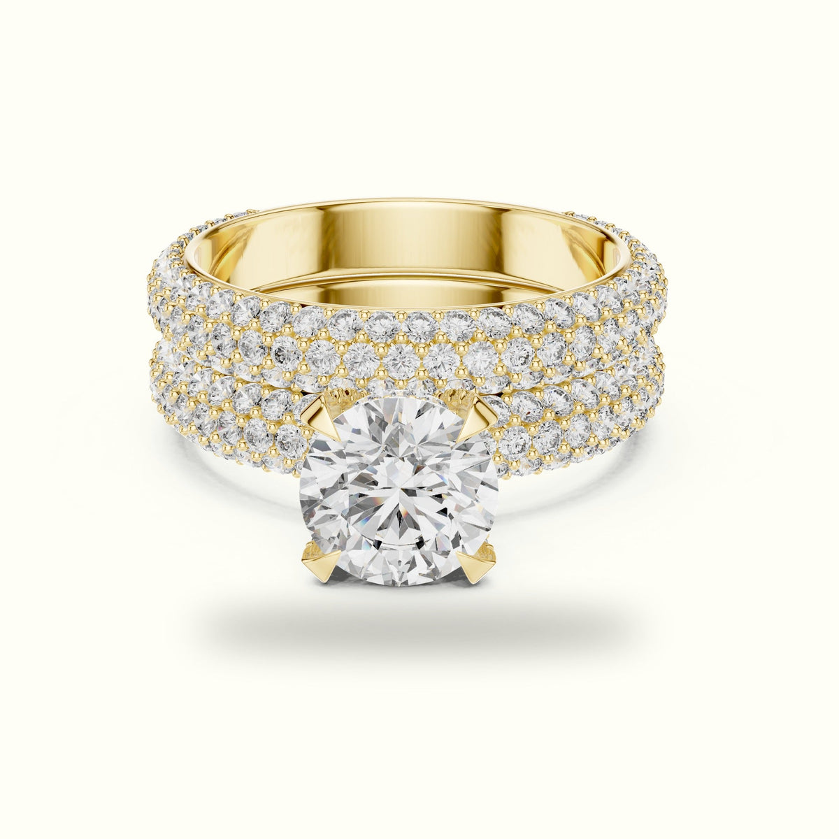 Four-Prong Round Solitaire Lab-Grown Diamond Ring with Band — Yellow gold, front view | Crystal N Cuts