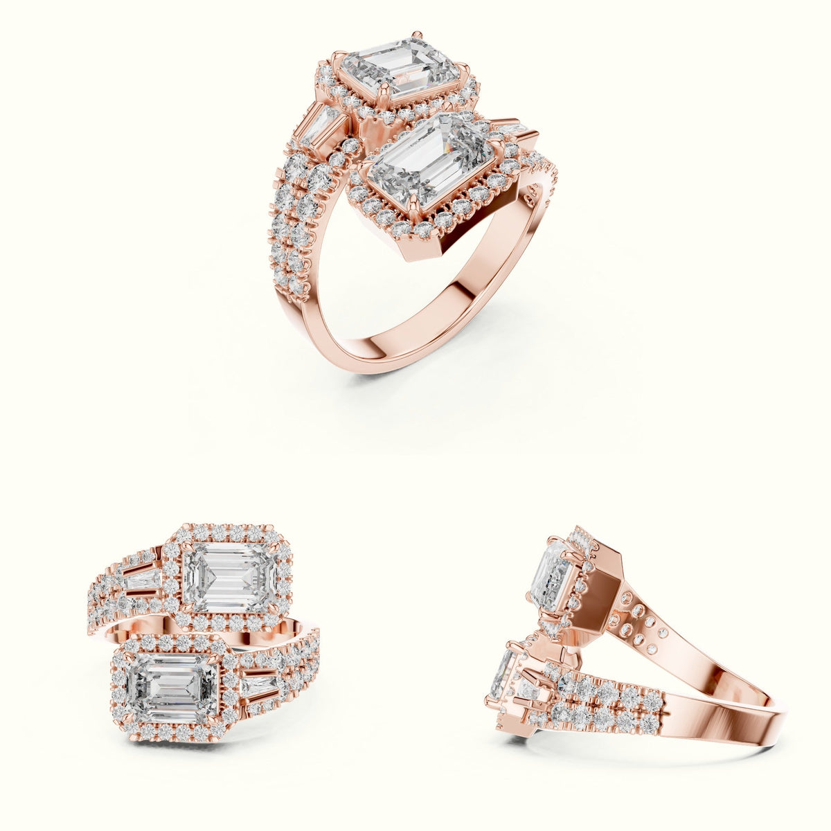 The Emerald Bypass Halo Toi et Moi Ring — Rose gold, on the hand | Crystal N Cuts