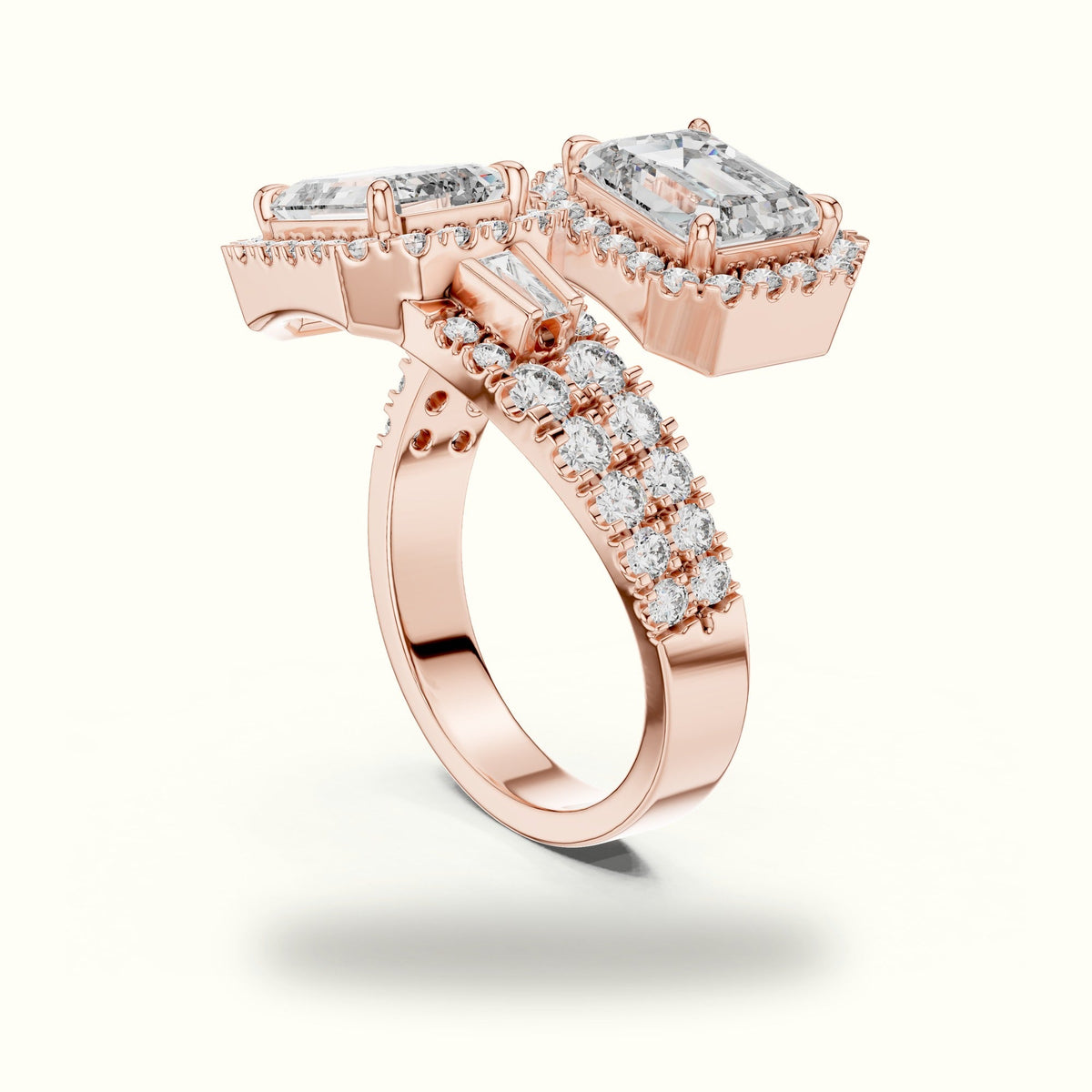The Emerald Bypass Halo Toi et Moi Ring — Rose gold, view 1 | Crystal N Cuts