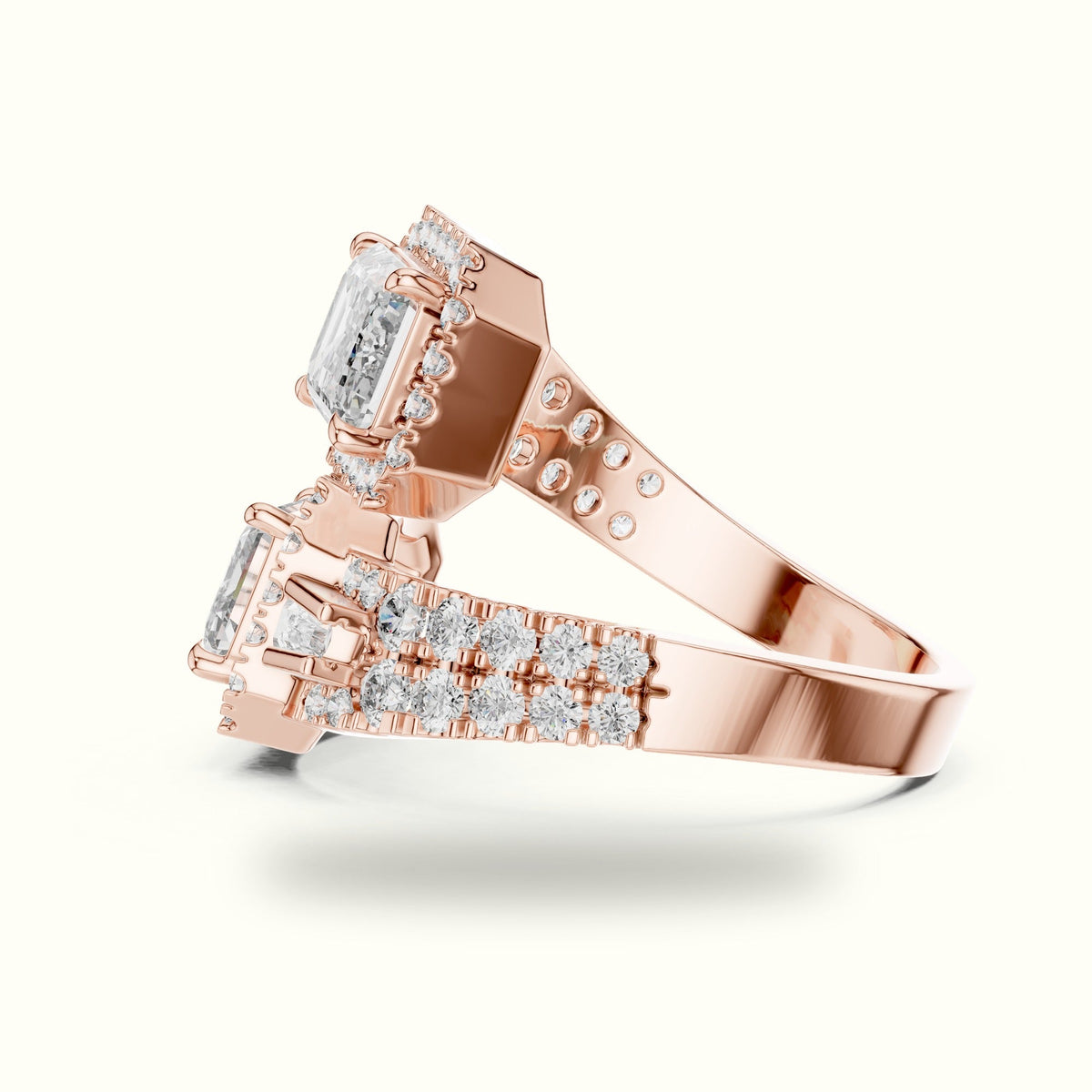 The Emerald Bypass Halo Toi et Moi Ring — Rose gold, view 3 | Crystal N Cuts