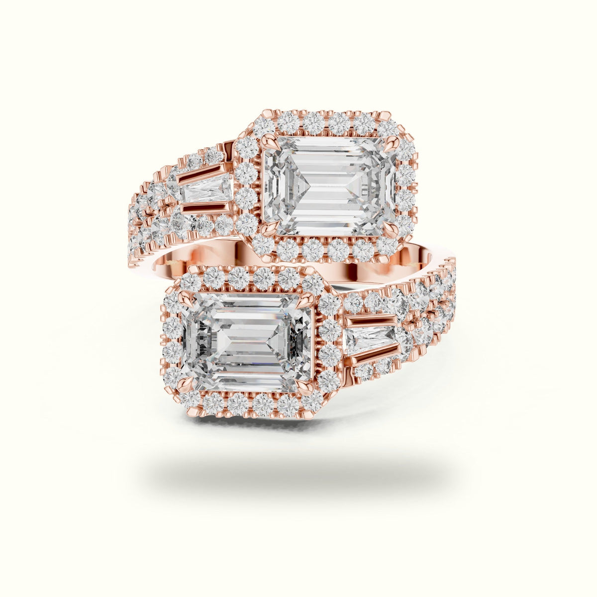 The Emerald Bypass Halo Toi et Moi Ring — Rose gold, front view | Crystal N Cuts