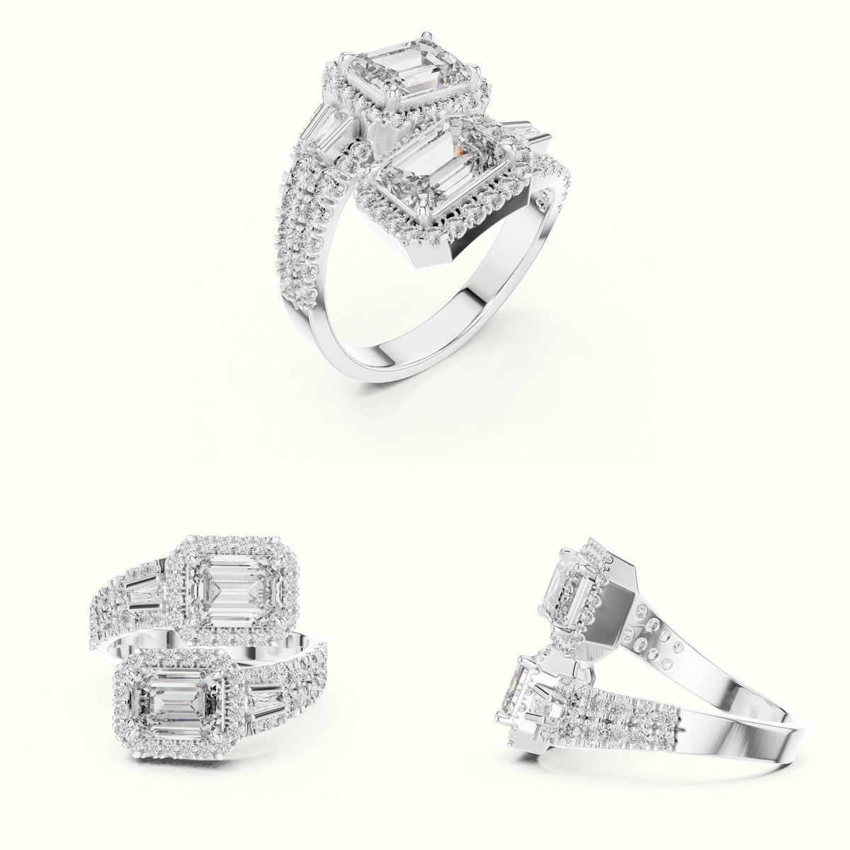 The Emerald Bypass Halo Toi et Moi Ring — White gold, on the hand | Crystal N Cuts