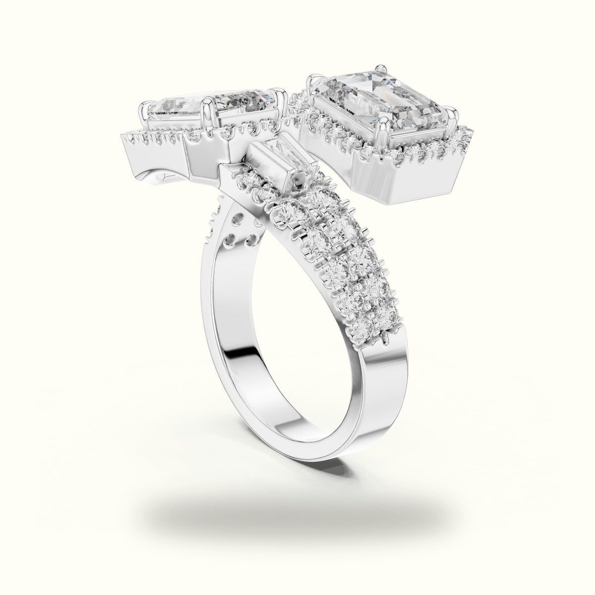The Emerald Bypass Halo Toi et Moi Ring — White gold, view 1 | Crystal N Cuts