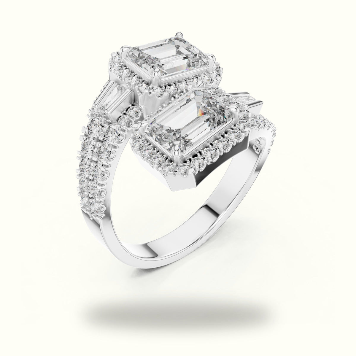 The Emerald Bypass Halo Toi et Moi Ring — White gold, view 2 | Crystal N Cuts