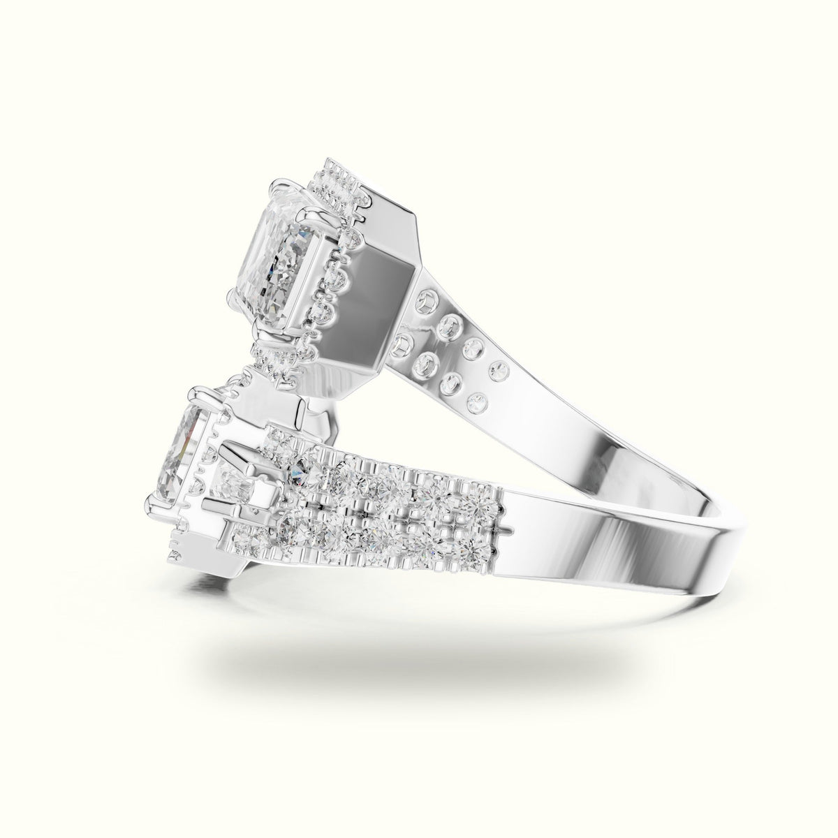 The Emerald Bypass Halo Toi et Moi Ring — White gold, view 3 | Crystal N Cuts