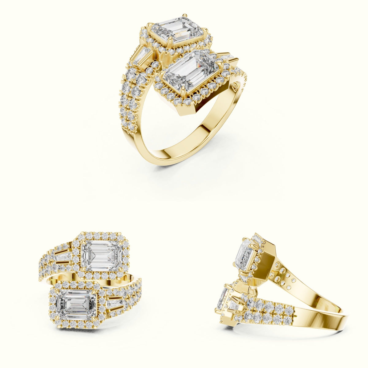 The Emerald Bypass Halo Toi et Moi Ring — Yellow gold, on the hand | Crystal N Cuts
