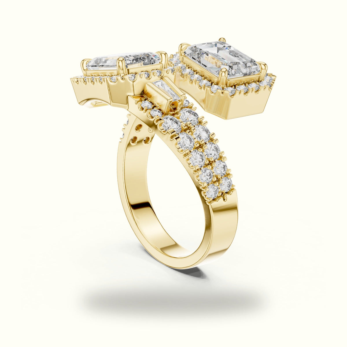 The Emerald Bypass Halo Toi et Moi Ring — Yellow gold, view 1 | Crystal N Cuts