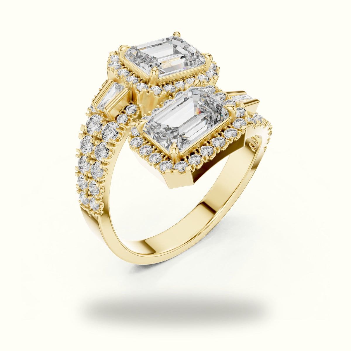 The Emerald Bypass Halo Toi et Moi Ring — Yellow gold, view 2 | Crystal N Cuts