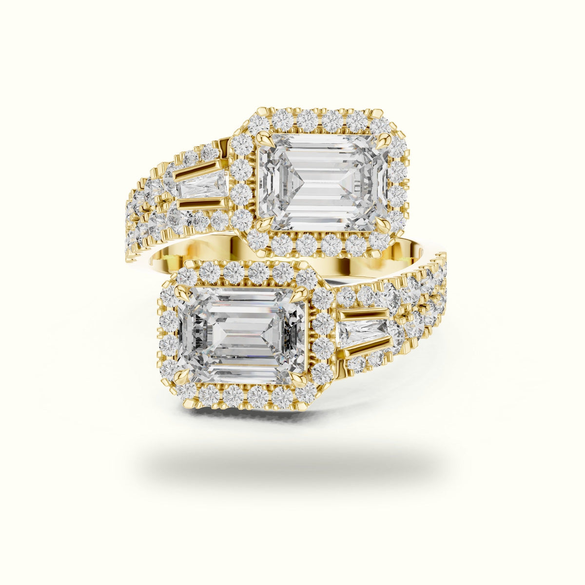 The Emerald Bypass Halo Toi et Moi Ring — Yellow gold, front view | Crystal N Cuts