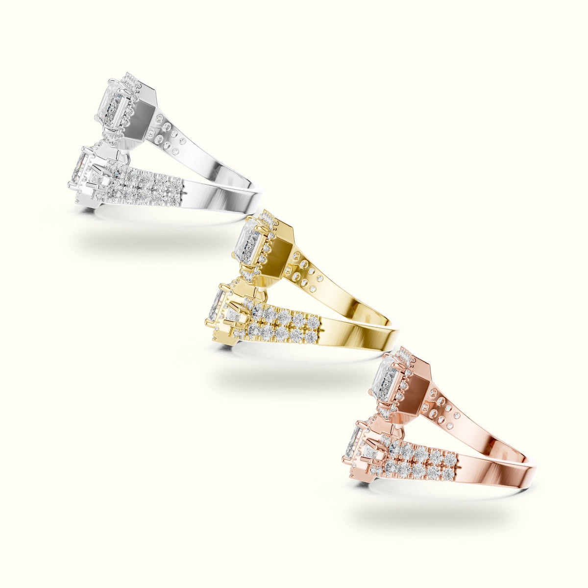 The Emerald Bypass Halo Toi et Moi Ring — Rose gold, in yellow, white and rose gold | Crystal N Cuts