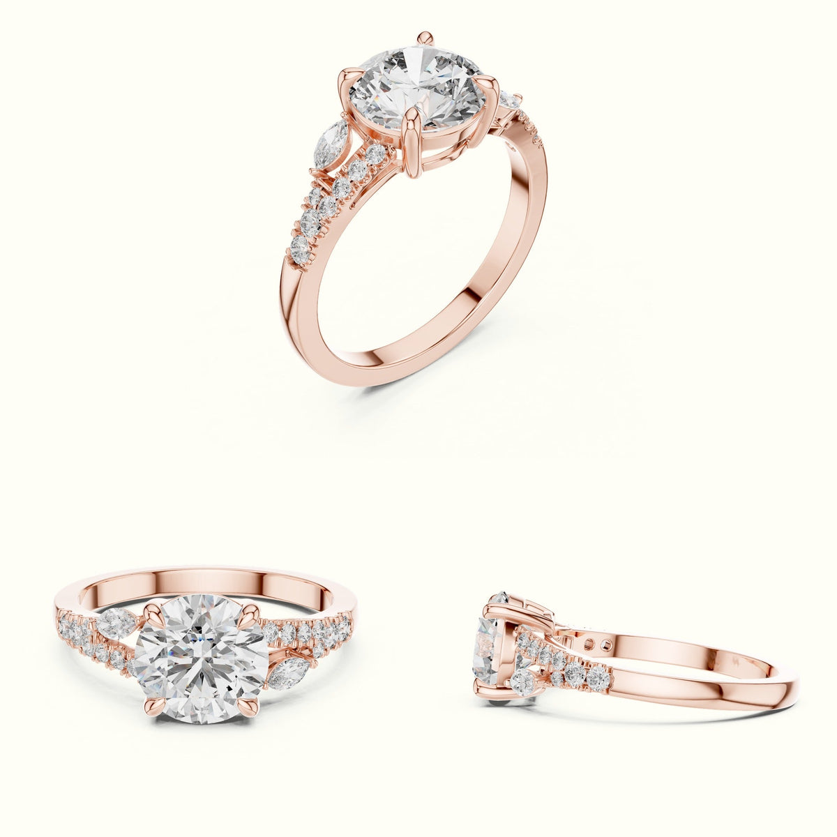 Round Solitaire Lab-Grown Diamond Ring with Twisted Split Shoulder — Rose gold, on the hand | Crystal N Cuts