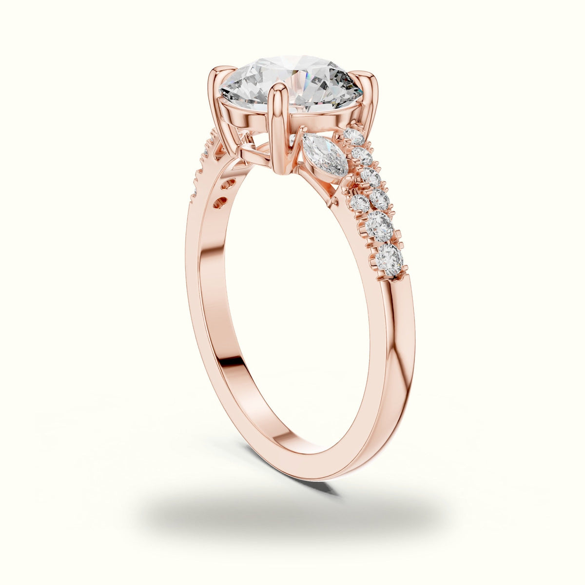Round Solitaire Lab-Grown Diamond Ring with Twisted Split Shoulder — Rose gold, view 1 | Crystal N Cuts