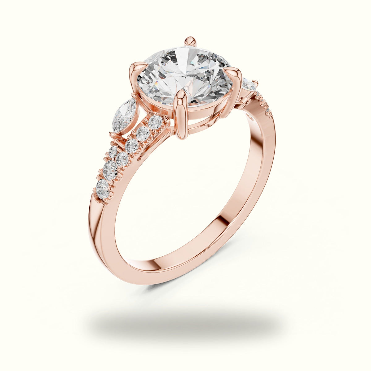 Round Solitaire Lab-Grown Diamond Ring with Twisted Split Shoulder — Rose gold, view 2 | Crystal N Cuts