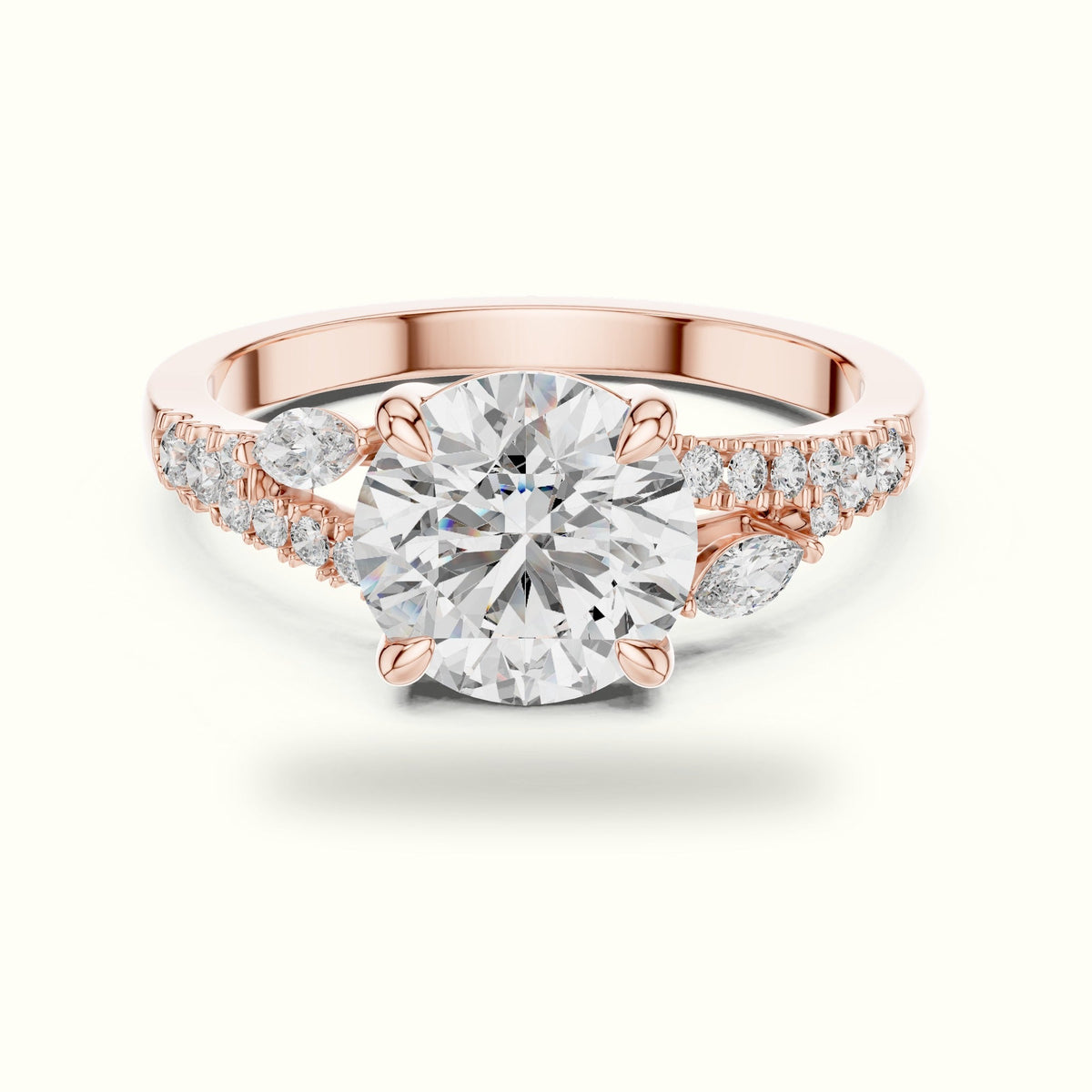 Round Solitaire Lab-Grown Diamond Ring with Twisted Split Shoulder — Rose gold, front view | Crystal N Cuts