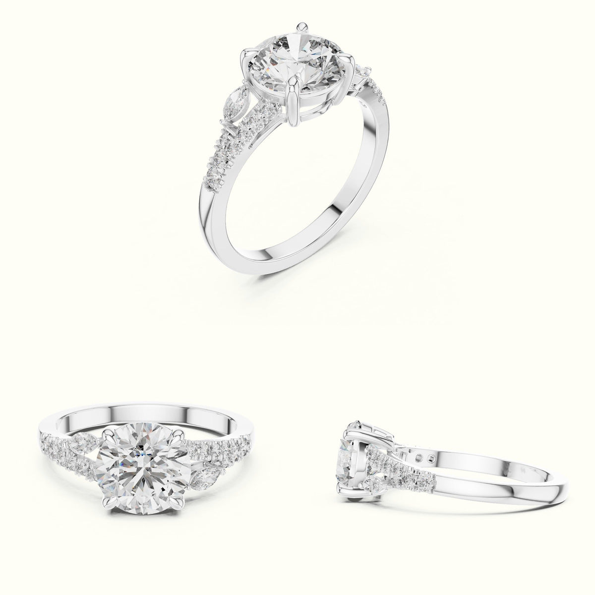 Round Solitaire Lab-Grown Diamond Ring with Twisted Split Shoulder — White gold, on the hand | Crystal N Cuts