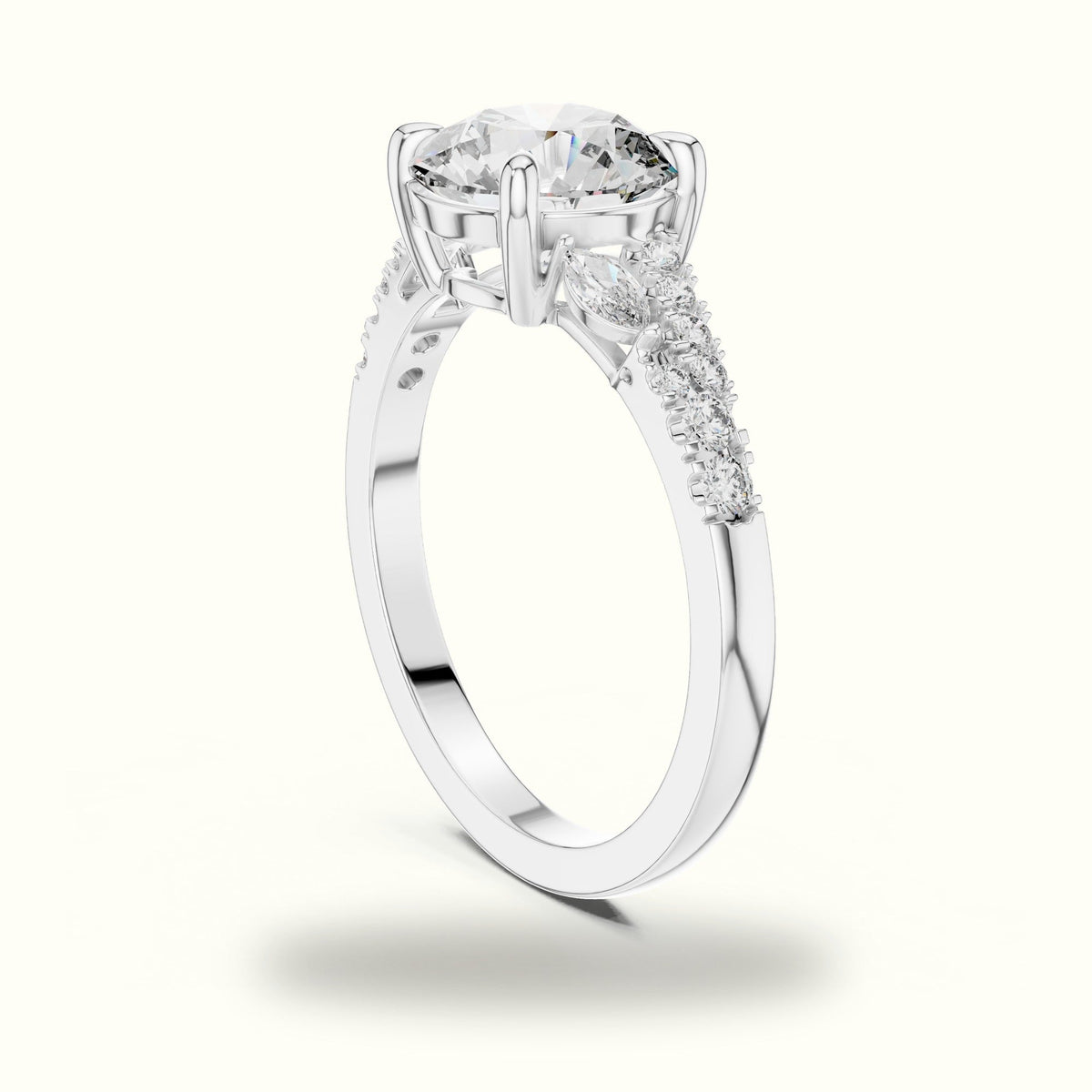 Round Solitaire Lab-Grown Diamond Ring with Twisted Split Shoulder — White gold, view 1 | Crystal N Cuts