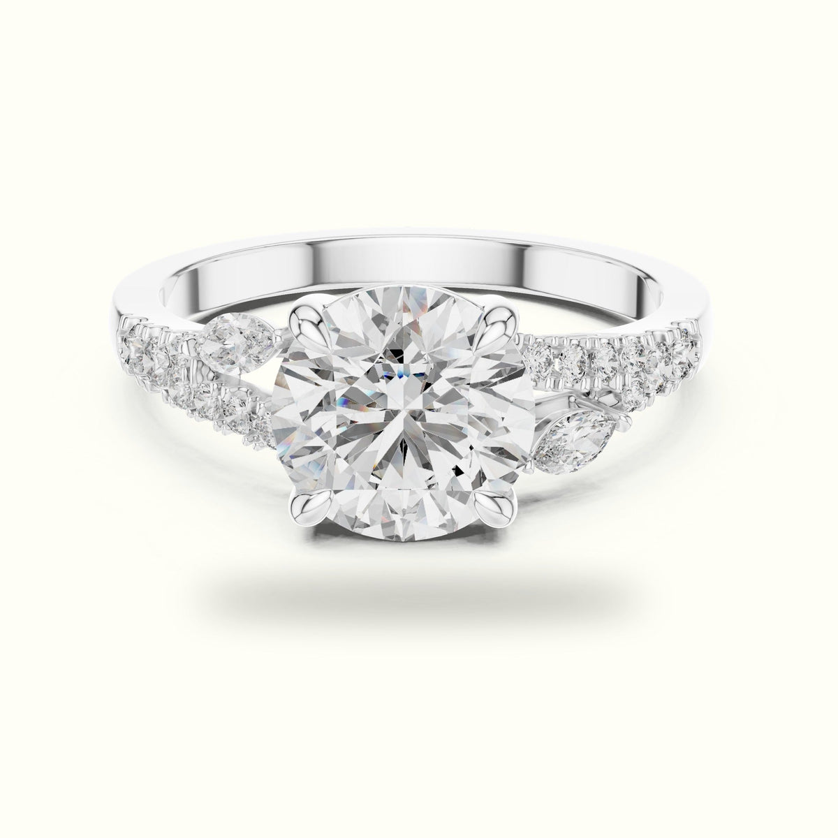 Round Solitaire Lab-Grown Diamond Ring with Twisted Split Shoulder — White gold, front view | Crystal N Cuts