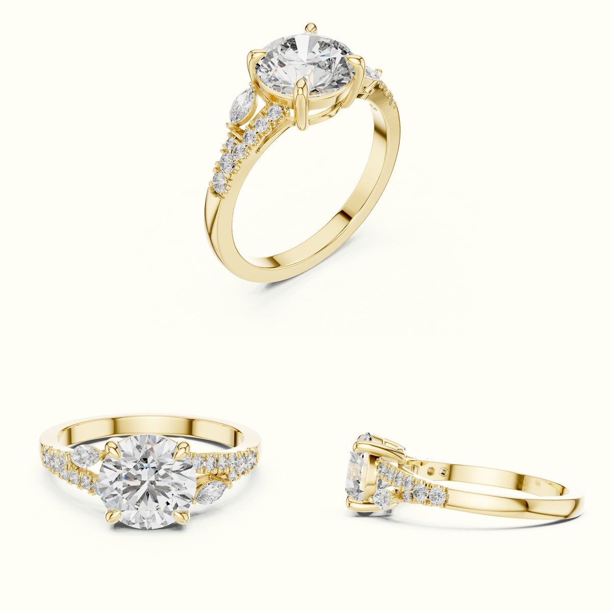 Round Solitaire Lab-Grown Diamond Ring with Twisted Split Shoulder — Yellow gold, on the hand | Crystal N Cuts