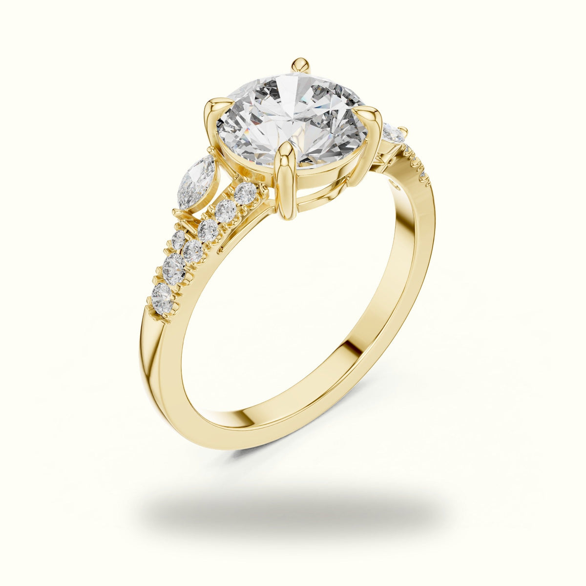 Round Solitaire Lab-Grown Diamond Ring with Twisted Split Shoulder — Yellow gold, view 2 | Crystal N Cuts