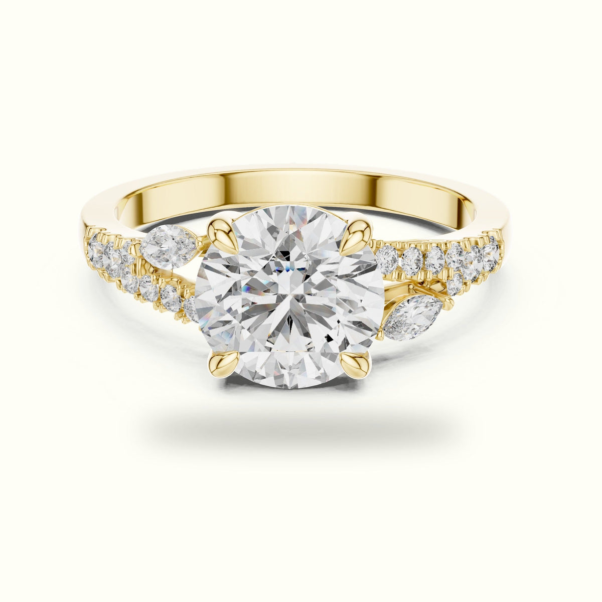 Round Solitaire Lab-Grown Diamond Ring with Twisted Split Shoulder — Yellow gold, front view | Crystal N Cuts