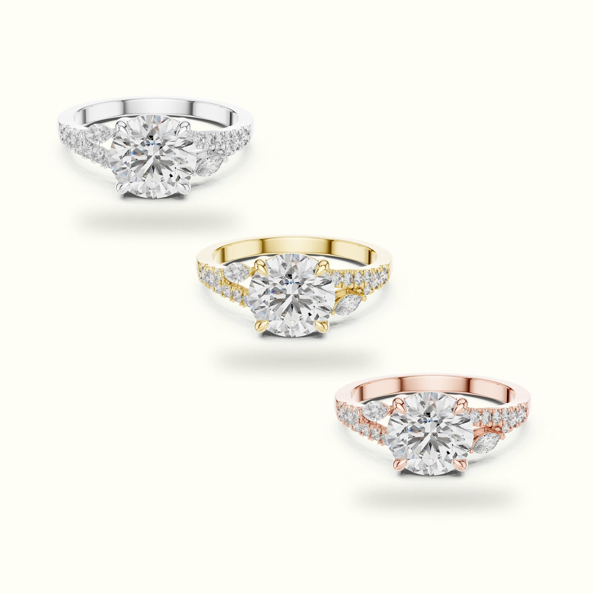 Round Solitaire Lab-Grown Diamond Ring with Twisted Split Shoulder — Rose gold, front view | Crystal N Cuts