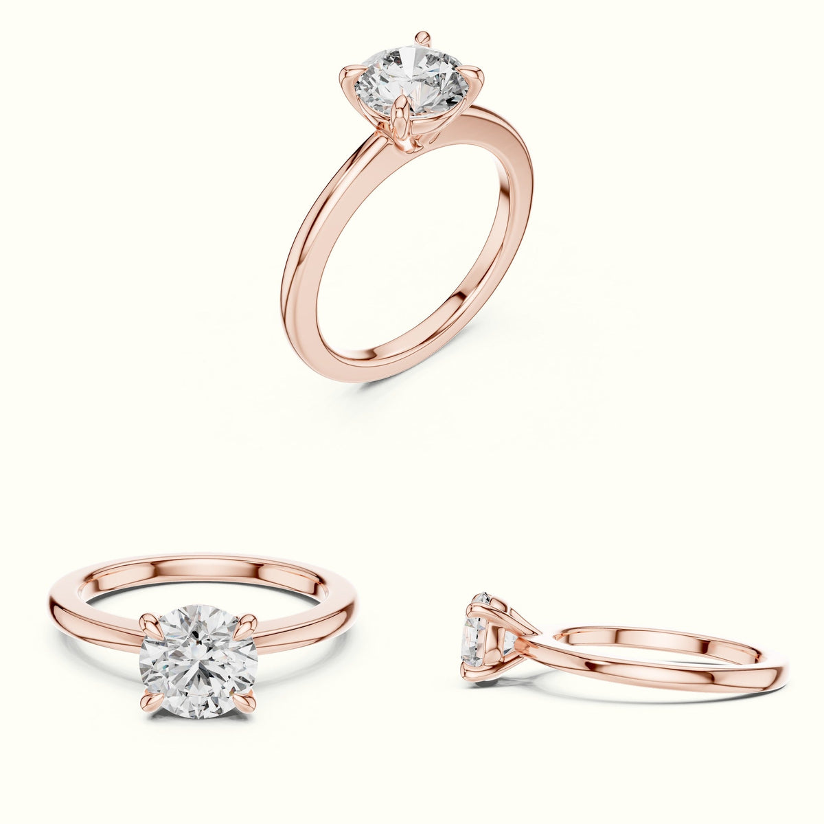 Four-Prong Round Solitaire Lab-Grown Diamond Ring — Rose gold, on the hand | Crystal N Cuts