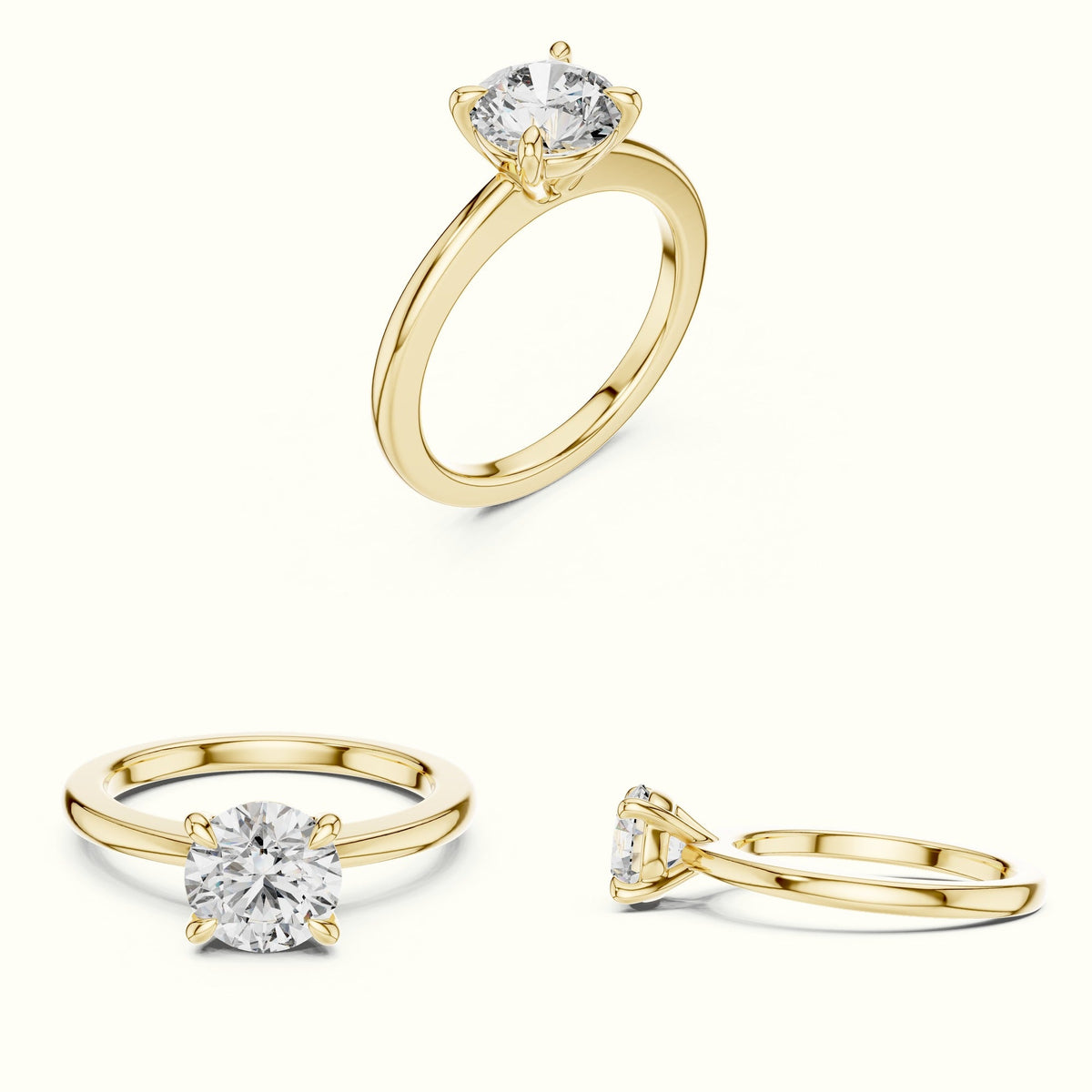 Four-Prong Round Solitaire Lab-Grown Diamond Ring — Yellow gold, on the hand | Crystal N Cuts
