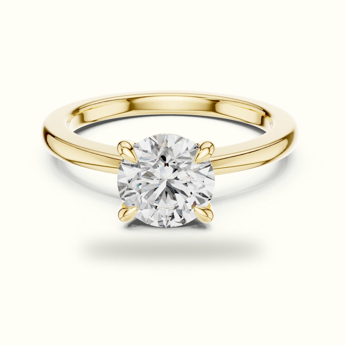 Four-Prong Round Solitaire Lab-Grown Diamond Ring — Yellow gold, front view | Crystal N Cuts