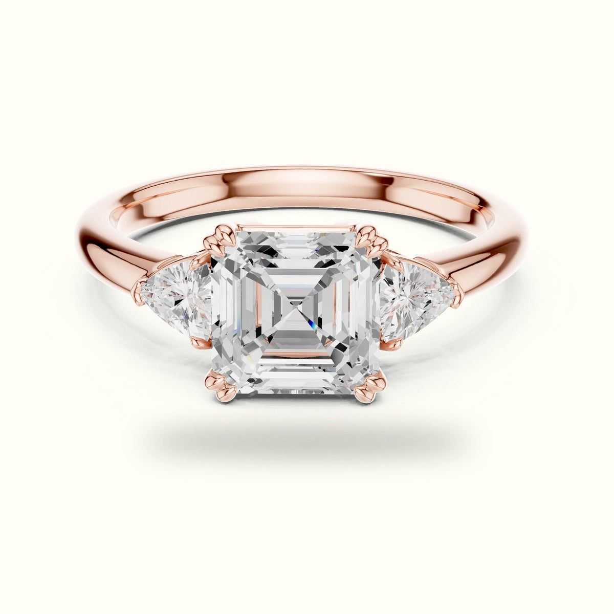Asscher Three-Stone Lab-Grown Diamond Ring — Rose gold, front view | Crystal N Cuts