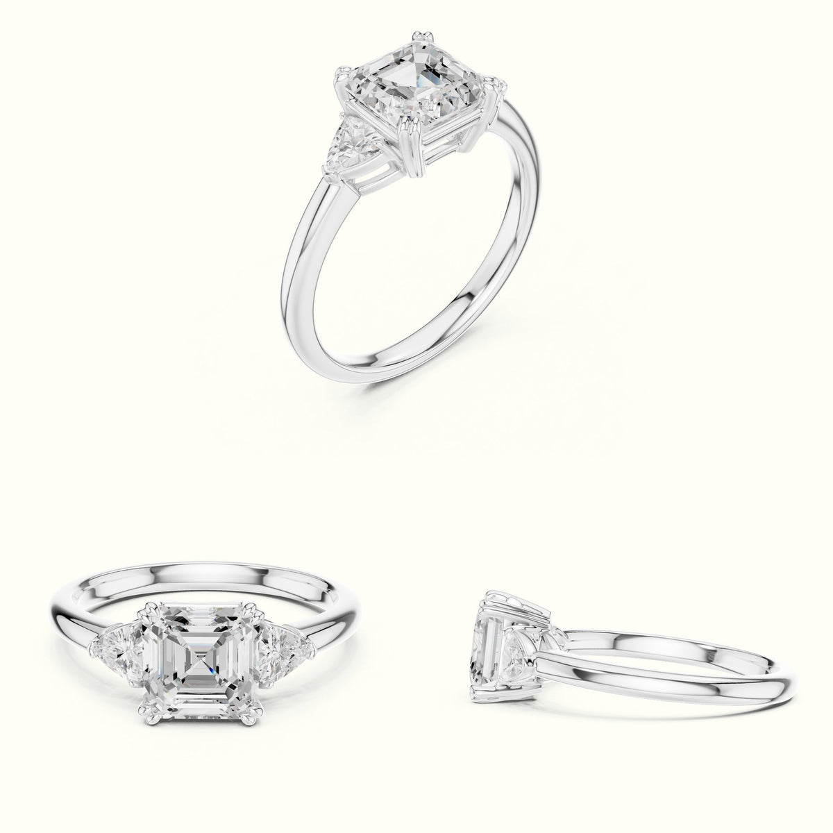 Asscher Three-Stone Lab-Grown Diamond Ring — White gold, on the hand | Crystal N Cuts