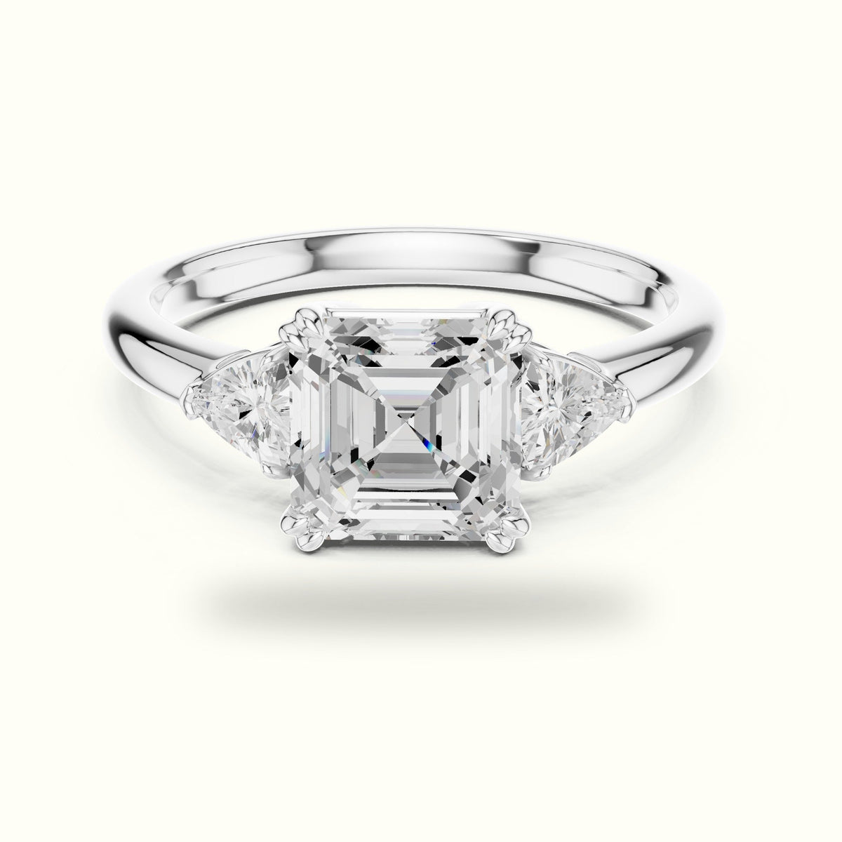 Asscher Three-Stone Lab-Grown Diamond Ring — White gold, front view | Crystal N Cuts
