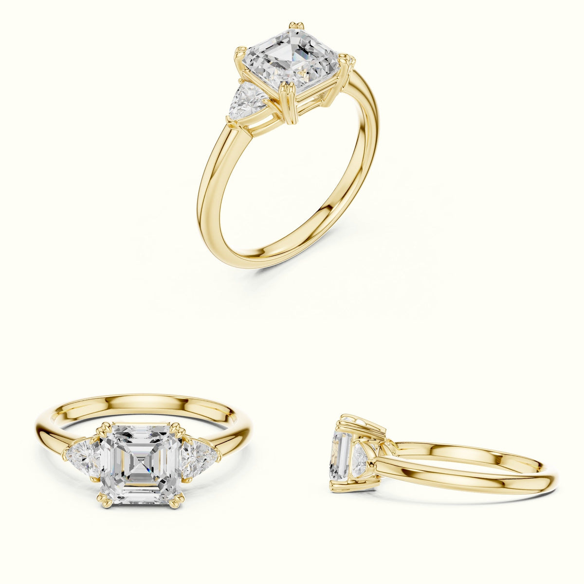 Asscher Three-Stone Lab-Grown Diamond Ring — Yellow gold, on the hand | Crystal N Cuts