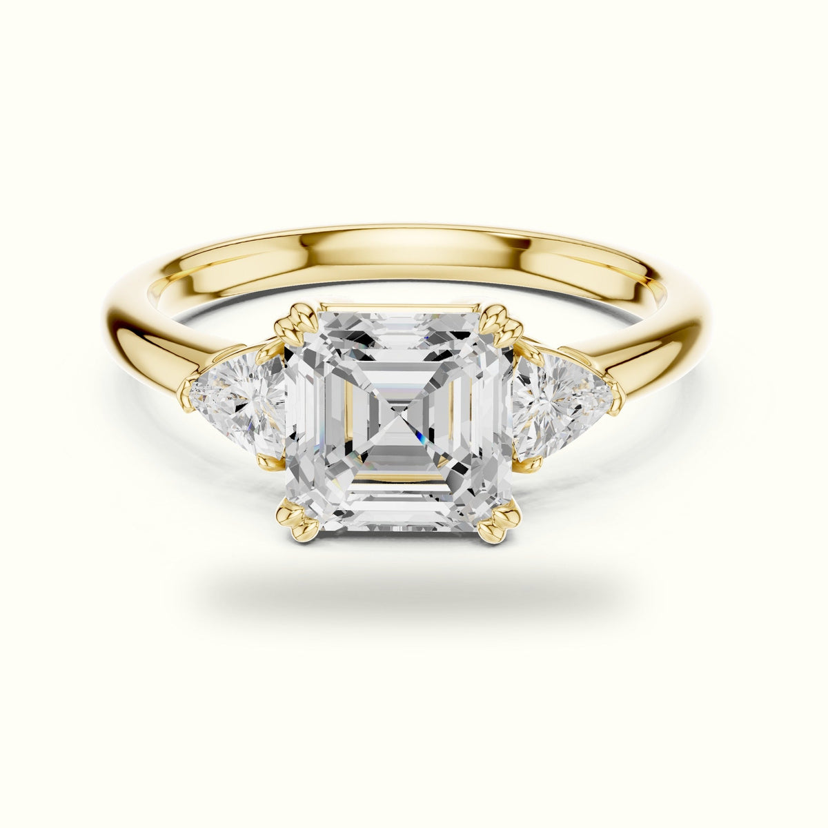 Asscher Three-Stone Lab-Grown Diamond Ring — Yellow gold, front view | Crystal N Cuts