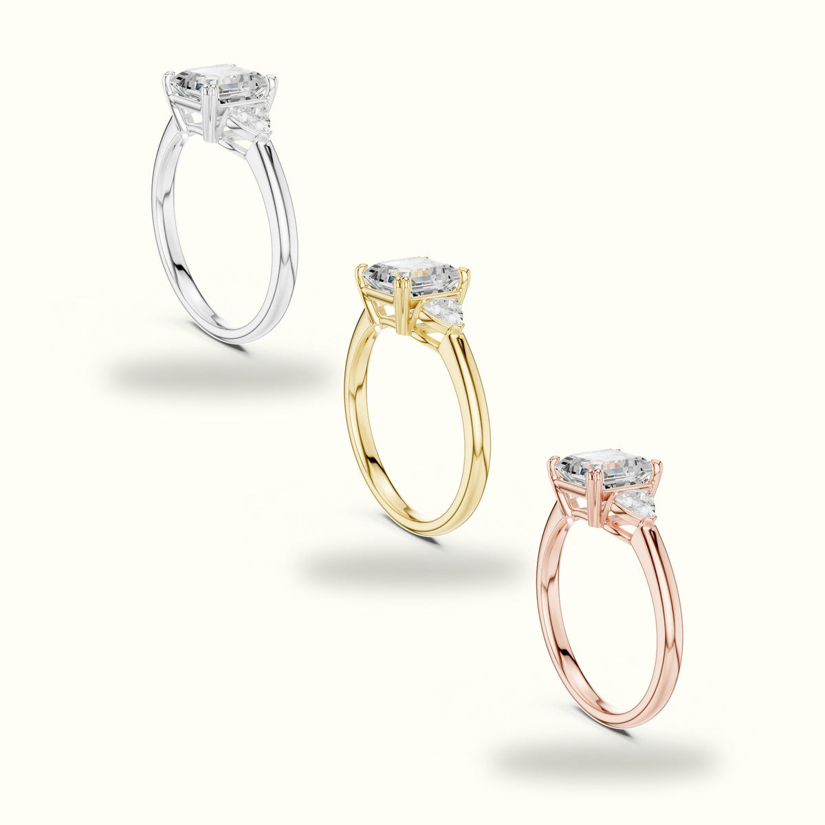 Asscher Three-Stone Lab-Grown Diamond Ring — Yellow gold, in yellow, white and rose gold | Crystal N Cuts