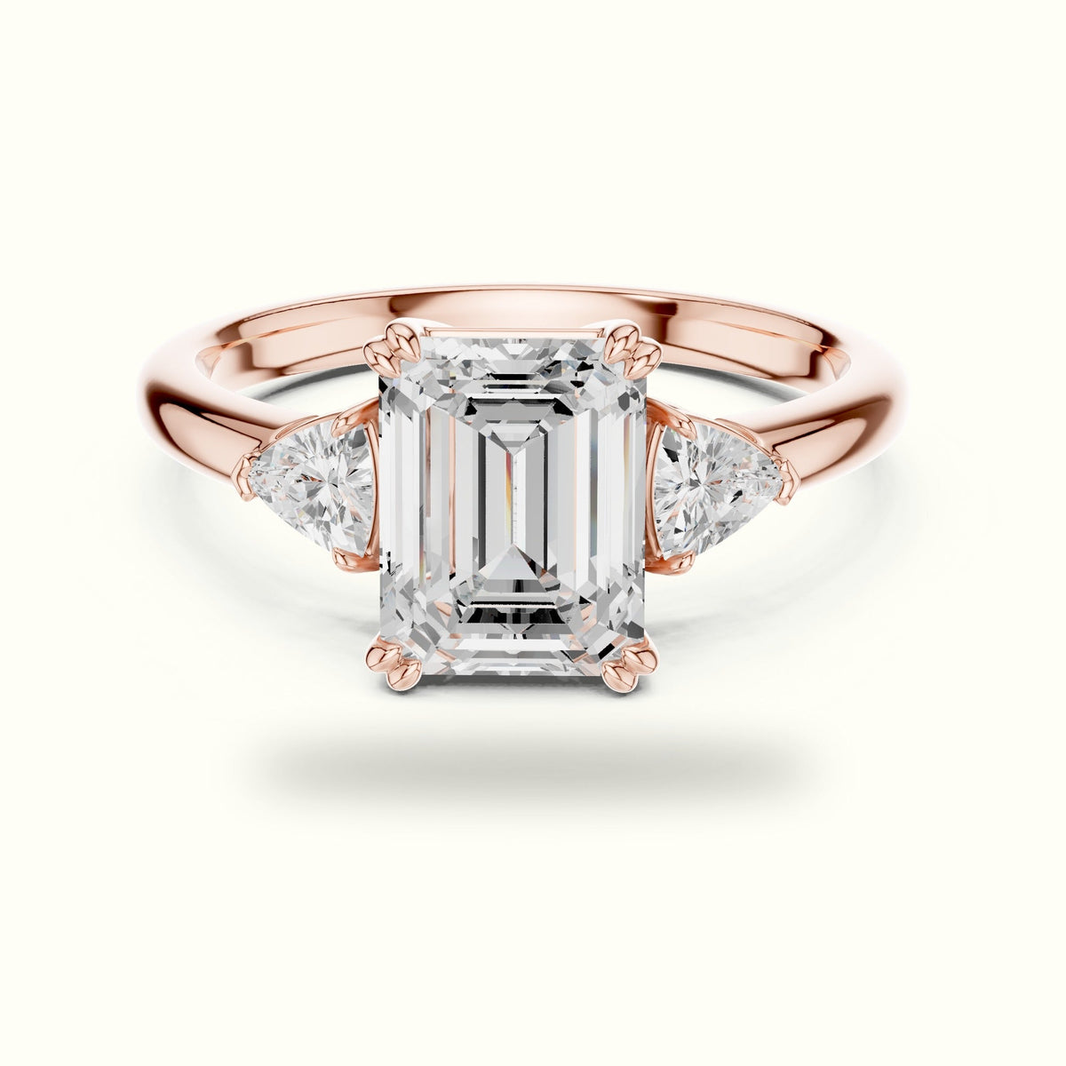 Emerald Three-Stone Basket Lab-Grown Diamond Ring — Rose gold, front view | Crystal N Cuts