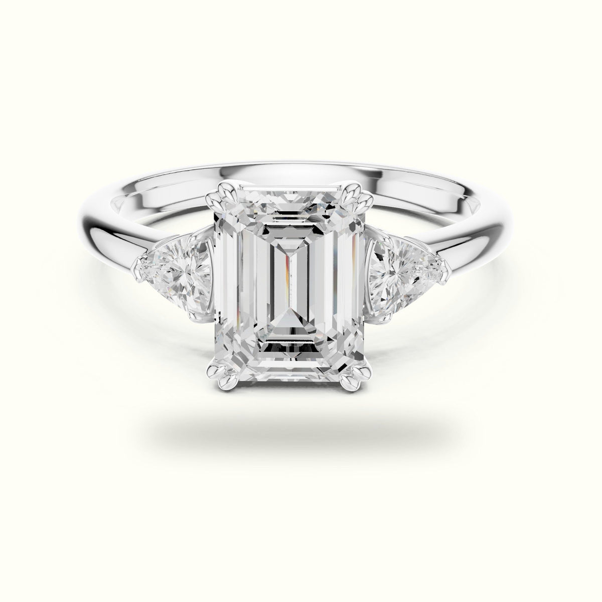 Emerald Three-Stone Basket Lab-Grown Diamond Ring — White gold, front view | Crystal N Cuts