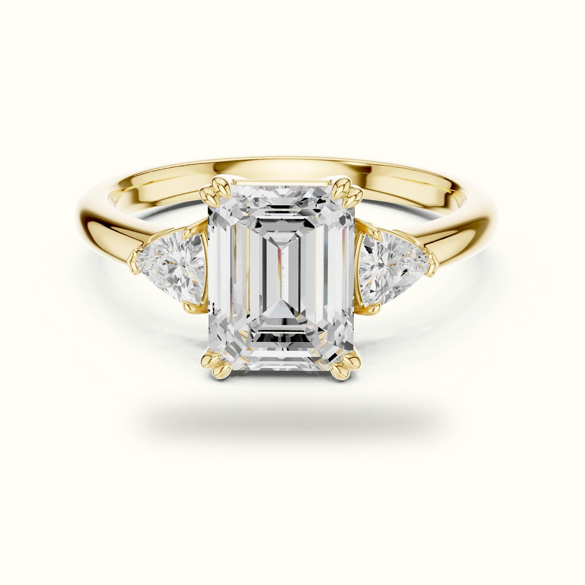Emerald Three-Stone Basket Lab-Grown Diamond Ring — Yellow gold, front view | Crystal N Cuts