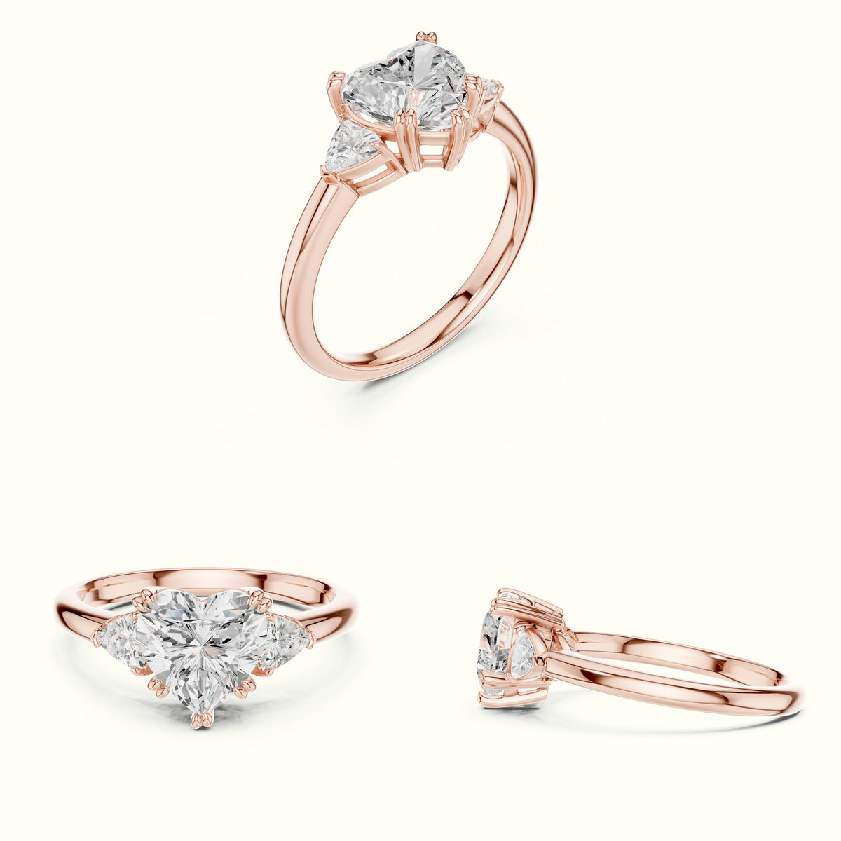 Classic Heart Basket Set Lab-Grown Diamond Three Stone Ring — Rose gold, on the hand | Crystal N Cuts
