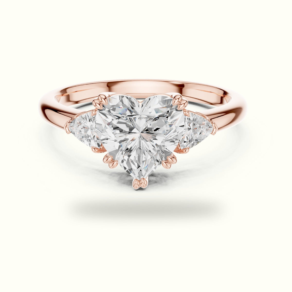 Classic Heart Basket Set Lab-Grown Diamond Three Stone Ring — Rose gold, front view | Crystal N Cuts
