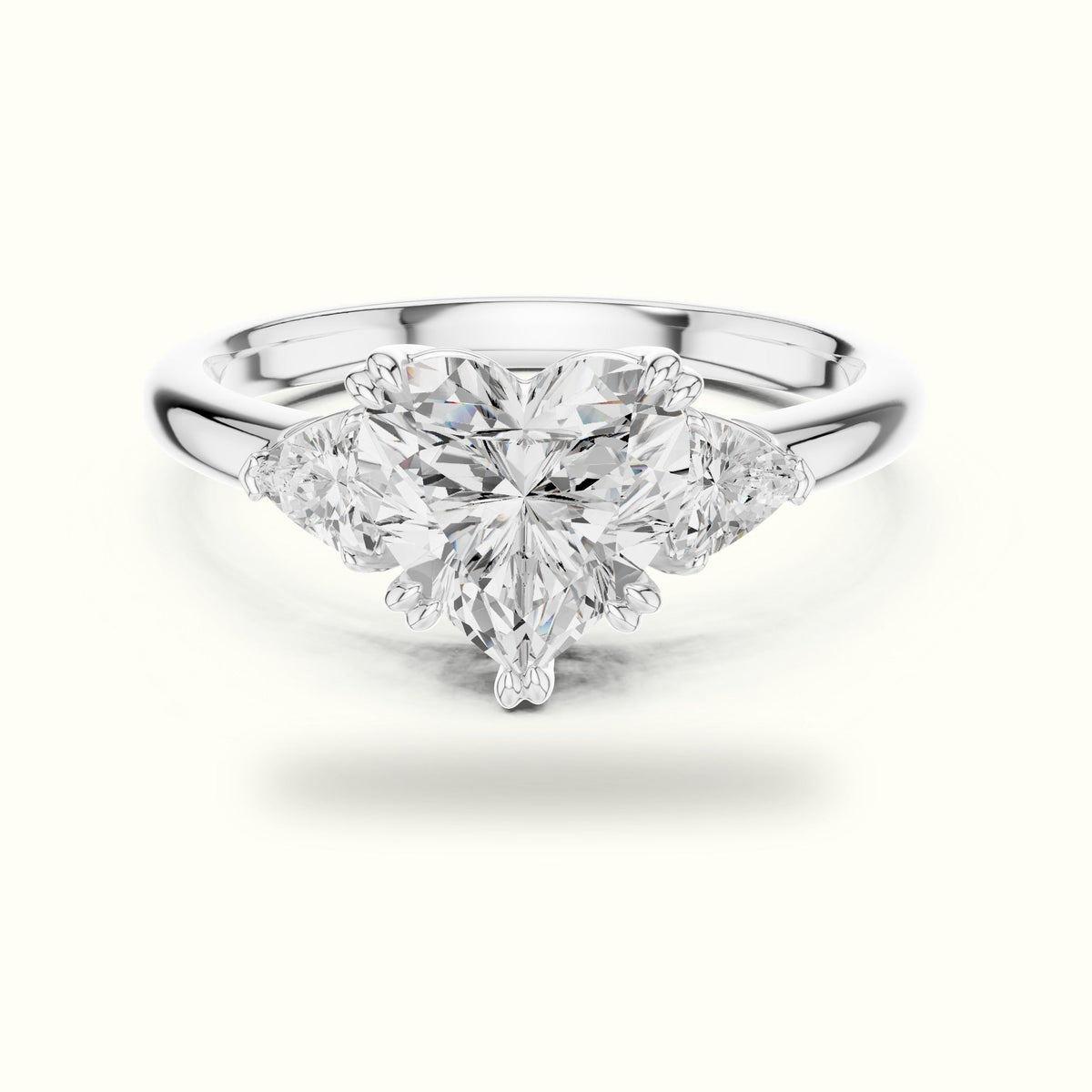 Classic Heart Basket Set Lab-Grown Diamond Three Stone Ring — White gold, front view | Crystal N Cuts