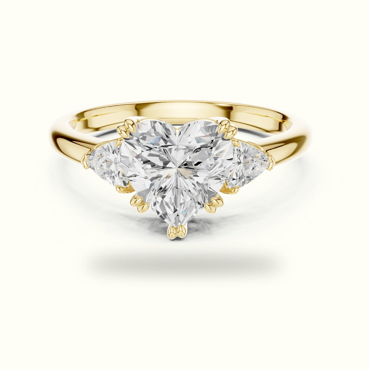 Classic Heart Basket Set Lab-Grown Diamond Three Stone Ring — Yellow gold, front view | Crystal N Cuts